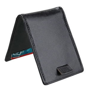 Macro view of black leather wallet with pull tab and colorful card slot details