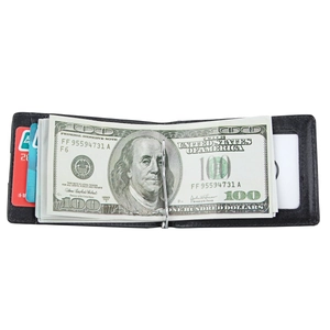 Detail view of leather RFID money clip wallet with metal bill holder and card slots