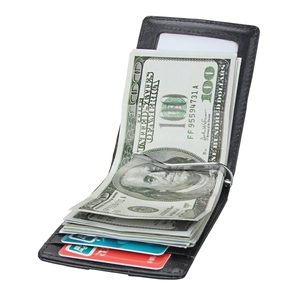 Detail view of genuine leather RFID money clip with metal spring and multiple card slots