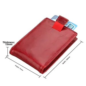 Red genuine leather RFID card holder dimensions showing width 100mm and height 75mm