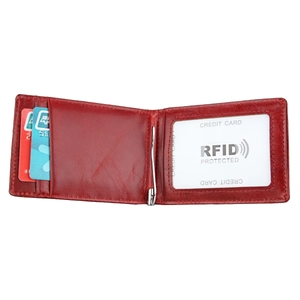 Detail of red leather RFID wallet with metal money clip and multiple card slots