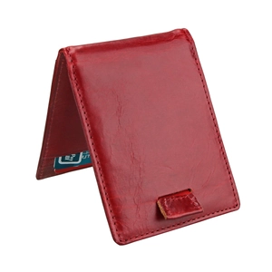 Detail of red leather RFID wallet with multi-card slots and premium stitch texture