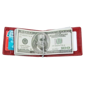 Detail of red leather RFID wallet featuring a silver money clip and multiple card slots