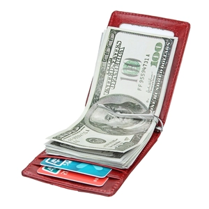 Detail of red leather RFID wallet featuring a metal money clip and multiple card slots