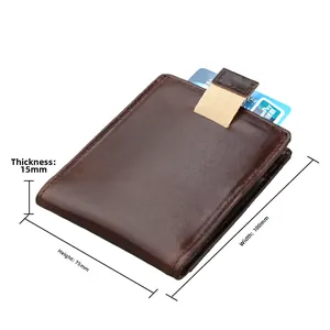 Detailed view of vintage leather RFID wallet with dimensions 75mm x 100mm and pull-tab feature