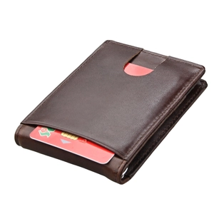 Close-up of brown genuine leather RFID wallet with card slot and textured surface