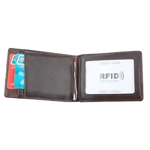 Detail view of leather RFID wallet with card slots and a silver metal money clip