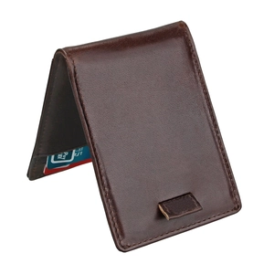 Macro detail of genuine leather RFID wallet featuring multiple card slots and fine stitching