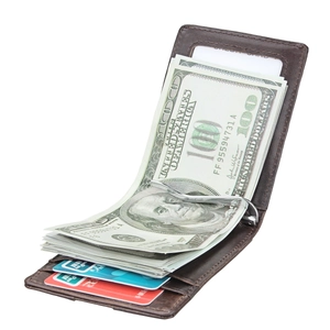 Detail of dark brown leather RFID wallet with metal money clip and multiple card slots
