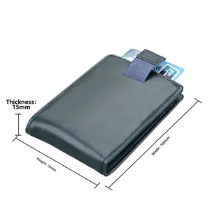 Detail of RFID genuine leather wallet showing the pull-tab mechanism and card slot