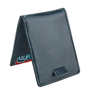 Detail of navy leather RFID wallet featuring card slots and functional pull-tab design
