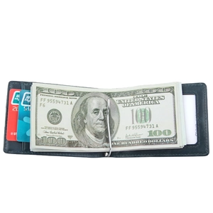 Detail of navy blue leather RFID wallet featuring internal metal money clip and card slots