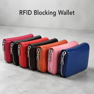 Genuine Leather RFID Blocking Card Holder For Women Men Accordion Multi-slot Credit Card Case Lychee Pattern Zipper Wallet