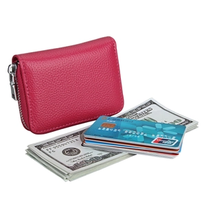 Litchi pattern leather accordion card wallet in magenta with RFID blocking and L-zipper