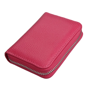 Genuine leather RFID card wallet with rose red litchi grain and silver zipper closure