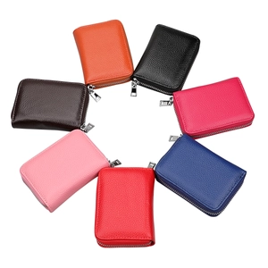 Litchi pattern leather RFID credit card holders in seven vibrant colors with silver zippers