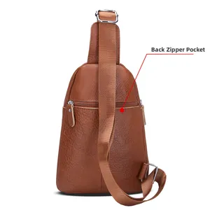 Vista trasera detallada de la mochila de pecho de cuero marrón con bolsillo antirrobo
