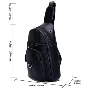 Tabla detallada de tallas para bolso bandolera de cuero negro con medidas exactas