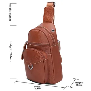 Dimensiones detalladas de la bandolera de cuero marrón con 270 mm de alto y 180 mm de ancho