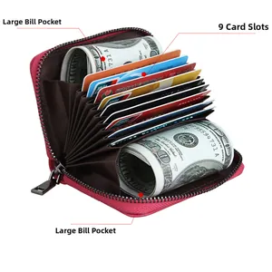 Macro view of leather card holder with 9 slots and large capacity zipper pocket