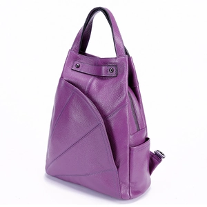Purple top grain leather backpack with geometric pattern and side pockets for women
