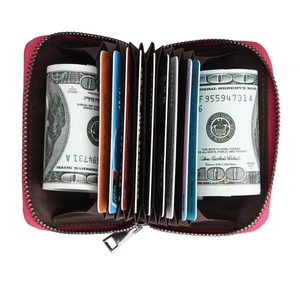 Internal accordion slots of the rose red leather RFID card holder with metallic zipper