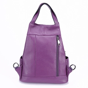 Fashionable purple pebble grain cowhide leather backpack with front vertical zipper