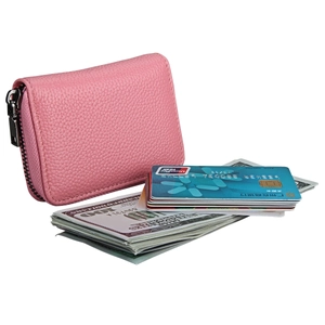 Pink lychee texture leather wallet showing card slots and dollar bills capacity