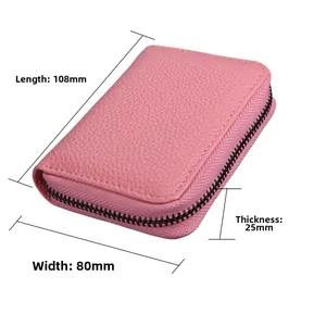 Pink leather RFID card holder dimensions showing 108mm length and 80mm width