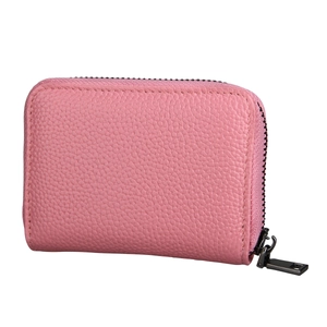 Detailed macro view of pink litchi grain leather card holder with premium metal zipper