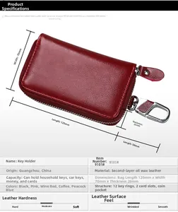 Detailed dimension guide of a burgundy oil wax leather car key bag with 12 hooks