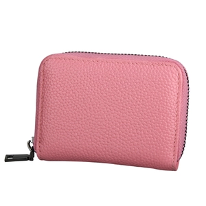 Detailed close-up of pink litchi grain leather card holder with gunmetal U-shaped zipper