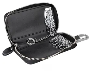 Interior view of leather car key case with 6 metal hooks and secure zipper closure
