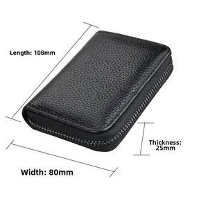 Detailed size chart of the black leather card holder measuring 108mm by 80mm and 25mm
