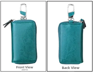 Front and back views of a turquoise genuine leather car key case with metal hook