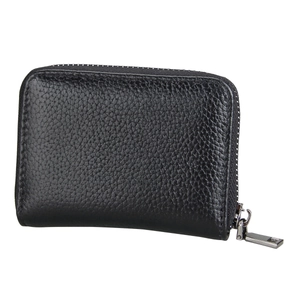 Close-up of black litchi grain leather wallet featuring a durable silver metal zipper