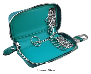 Internal view of lake green leather car key case with dual silver metal hook plates