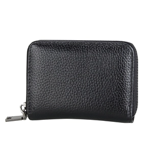 Detail of black pebble grain leather card holder with secure wraparound metal zipper