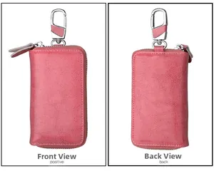 Front and back views of a rose pink leather car key pouch with dual zippers and silver hook