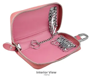 Internal view of pink leather car key case with six metal hooks and a long chain ring