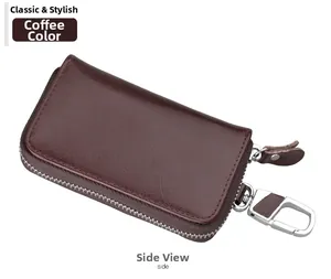Side view of dark coffee leather car key pouch with L-shaped zipper and swivel metal hook