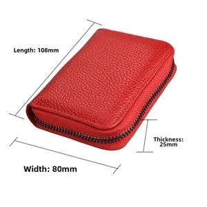 Detailed dimensions of red litchi leather wallet: 108mm length, 80mm width, 25mm thickness