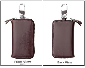Front and back views of a dark brown leather car key pouch with silver zipper and swivel hook