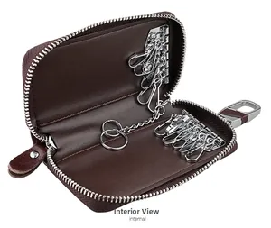 Internal view of dark brown pebbled leather car key case with six silver hooks