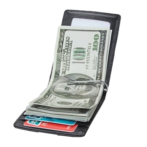 Slim black leather RFID money clip wallet with multiple card slots and metal bill holder