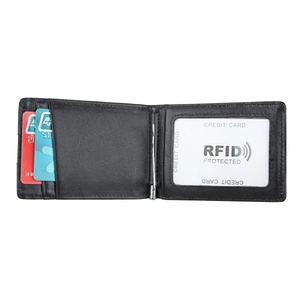 Classic black leather RFID blocking bifold wallet with metal money clip and card slots