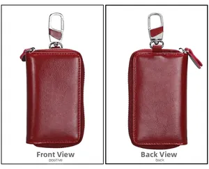 Front and back views of a genuine leather car key pouch with zipper and metal hook
