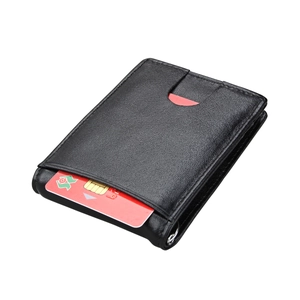Slim black RFID leather card wallet with metal key ring and front slot access