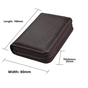 Detailed dimensions of the brown leather RFID card holder: 108mm x 80mm x 25mm