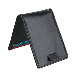 Slim black leather RFID bifold wallet with pebble texture and multiple card slots